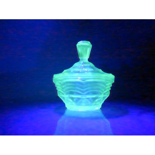 88 - Collection of Uranium Glass Including Tray, Pair of Candlesticks, Pin Dish and More