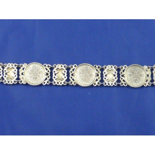 96 - Three Mounted Six Pence Pieces Mounted in Ornate Silver Tone Bracelet