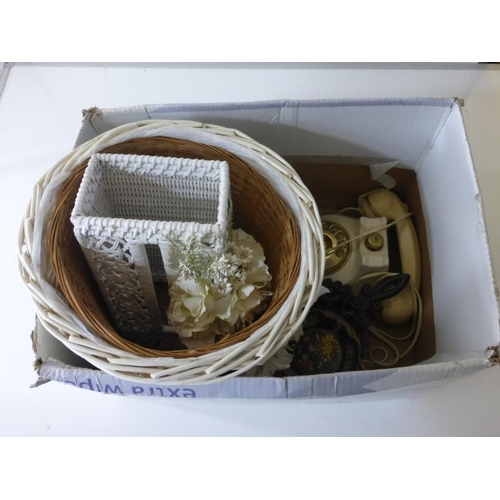 253 - Mixed lot includes Telephone, cottage clock, metal ware and waste paper basket wirh matching tissue ... 