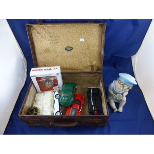 258 - Vintage Suitcase to include Hover ball, Die-cast cars, compass and more