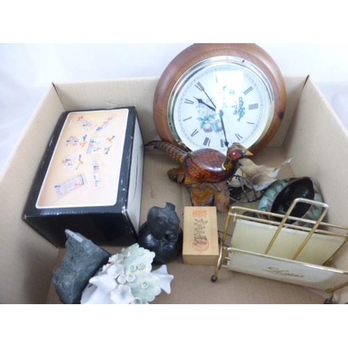 616 - A mixed box to include a wooden pheasant an Albany Robin , a vintage letter rack , wall clock and ot... 