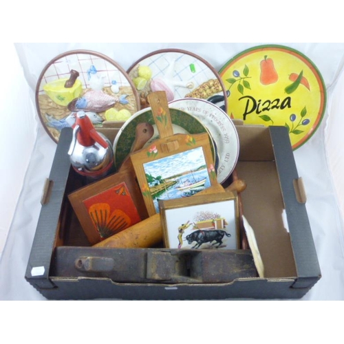 672 - Mixed Box Including Wooden Plane, Soda Syphon, Cheese boards, Rolling Pin and More