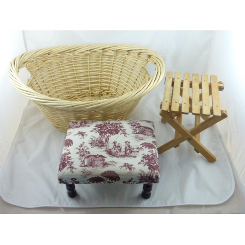 693 - Wicker Basket together with Footstool and Folding Chair