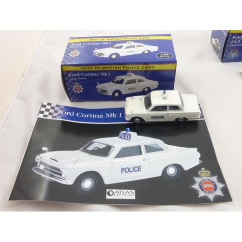 106 - Three Atlas Editions Boxed Scale Models of British Police Cars Including Austin Mini Van, Ford Sierr... 