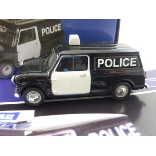 106 - Three Atlas Editions Boxed Scale Models of British Police Cars Including Austin Mini Van, Ford Sierr... 