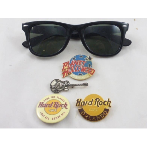 133 - Selection of Hard Rock Cafe and Planet Hollywood Pin Badges with Pair of Planet Hollywood Sunglasses... 