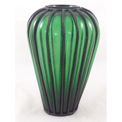 164 - Green Glass and Metal Banded Vase (24cm Tall)