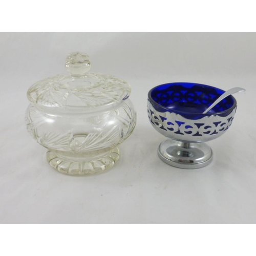 298 - Vintage Stainless Steel Sugar Bowl with Blue Glass Liner and Original Spoon and Vintage Crystal Bon ... 