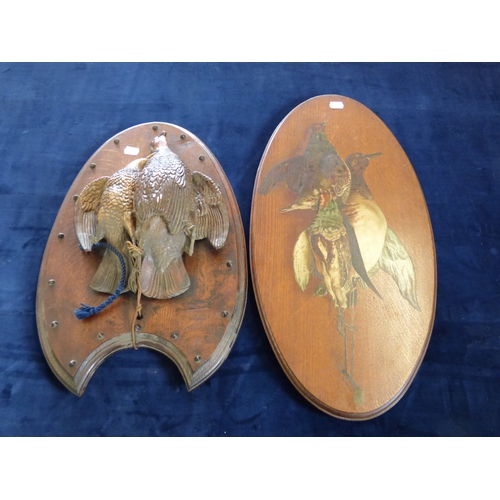 305 - Game Birds on Sheild approx 51cm tall and a Painted gamebird plaque by E M Lithgow . lot of age to t... 