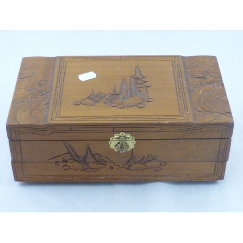 662 - Wooden hand carved jewelry box, nicely lined lined inside with mirror