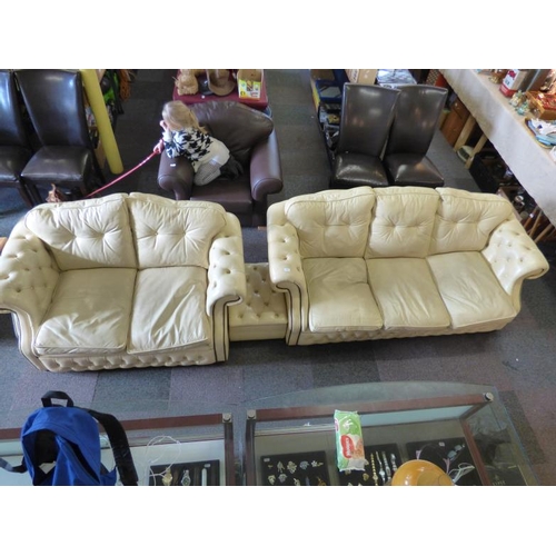 539 - Queen Anne Style Cream Leather Studded Suite comprising a Three Seater Settee , a Two Seater Settee ... 