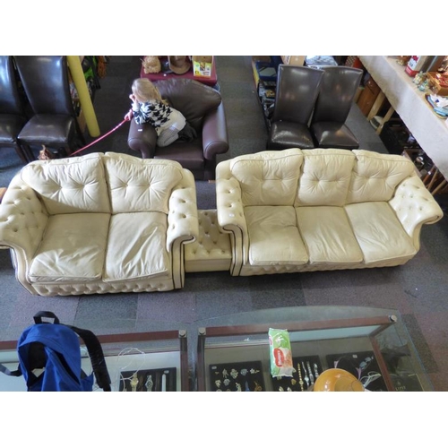 539 - Queen Anne Style Cream Leather Studded Suite comprising a Three Seater Settee , a Two Seater Settee ... 