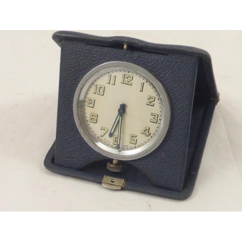 175 - Swiss travel clock in blue leather case