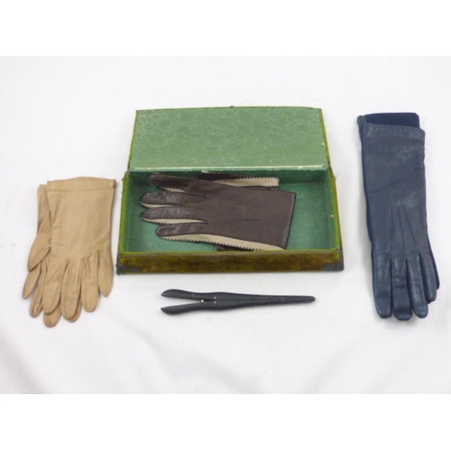 201 - Victorian Glove box complete with three pairs of vintage gloves and a glove stretcher