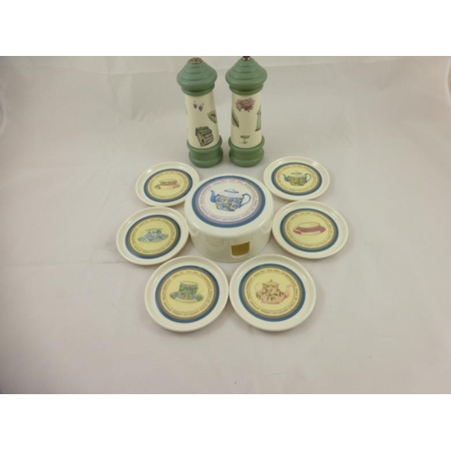 226 - A Set of 6 melamine tea themed coasters and a pair of new cruets, salt and peppercorn mill