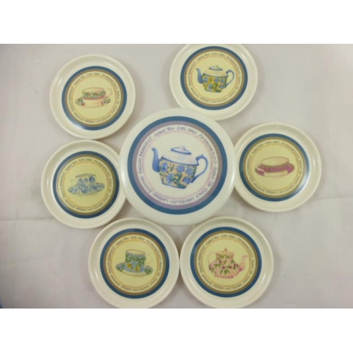 226 - A Set of 6 melamine tea themed coasters and a pair of new cruets, salt and peppercorn mill