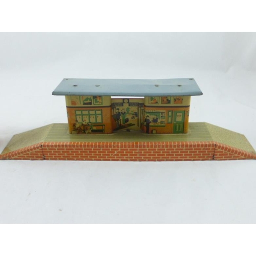 259 - Delightful Pre War Hornby 0 Guage Platform with Lithographed Building on Top featuring Buffet, Booki... 