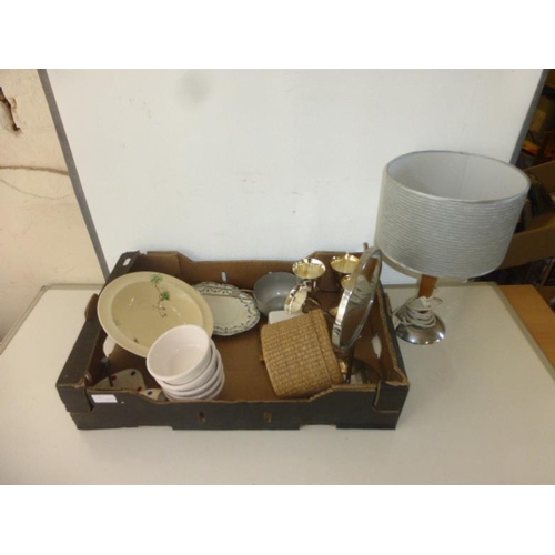 403 - A Nice mixed box containing a lamp, large royal Doulton bowl, Shaving /Make-up mirror and other.