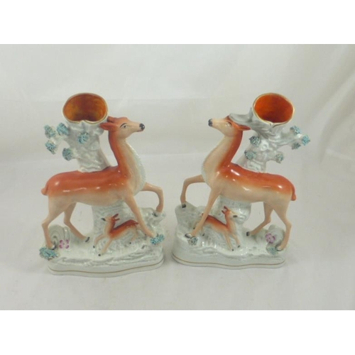 296 - Pair of Victorian circa 1880 Staffordshire Spill Vases featuring Stag and Doe each with Foal on Oval... 