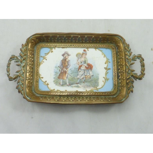 1 - Antique French Brass and Painted Tile Pin Dish (18cm x 11cm)