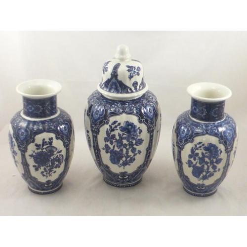 20 - Matching Set of Blue and White Ceramics consisting of Two Vases and One Lidded Urn (27cm Tall)