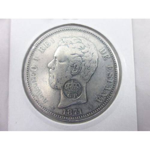 23 - Amadeo I Spanish Silver 5 Pesetas 1871 Coin