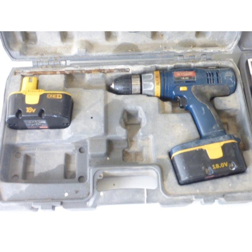 601 - Two Ryobi 18v Drills in cases complete with two batteries and a Ryobi Battery Charger