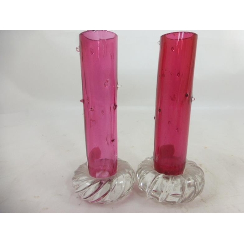 136 - Two Small cranberry glass vases with cactus detailing