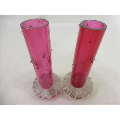 136 - Two Small cranberry glass vases with cactus detailing