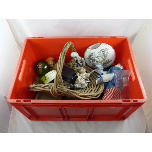 672 - Large Mixed Box Including Vintage Wicker Basket, Ceramic Figurines, Cooking Pots, Camera and More