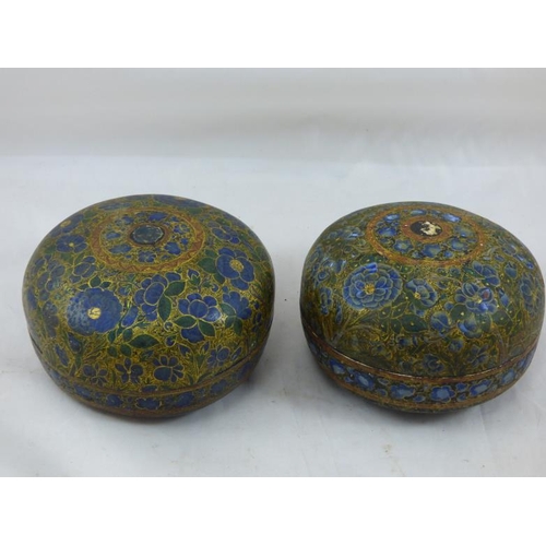 123 - Pair of Antique India Kashmir Paper Mache Gold and Blue Floral Lacquer Trinket Boxes