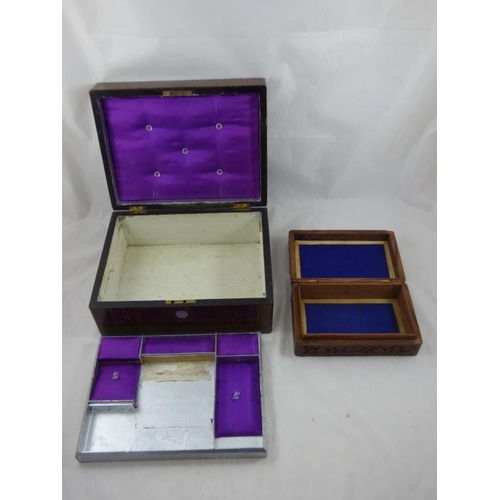 339 - Vintage inlaid jewellery box with Mother of Pearl detailing requires some TLC and wooden carved ciga... 