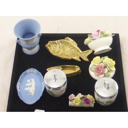 16 - Mixed Tray of Collectibles Including Wedgwood, Brass Ware, Coalport and More