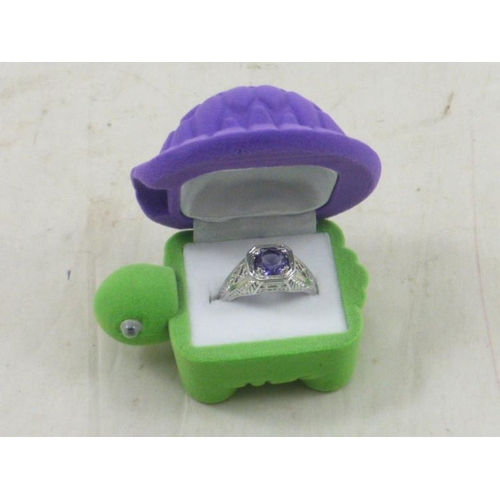 47 - Silver 925 Ring  with Amethyst Style Stone and Turtle Presentation Box (Size 10)