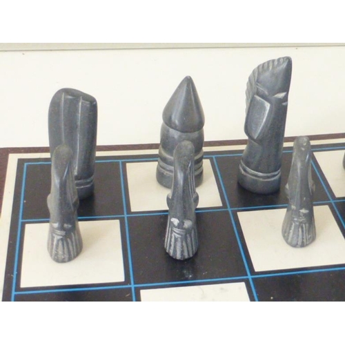 160 - Vintage Kenyan Soapstone Chess Set complete with Board