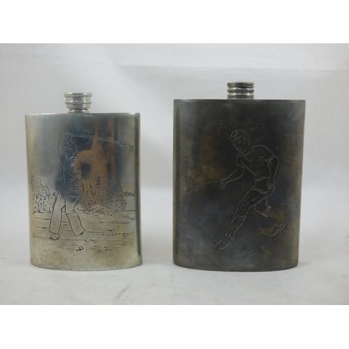 164 - Two Sheffield Pewter Flasks with engraved with Sporting themes