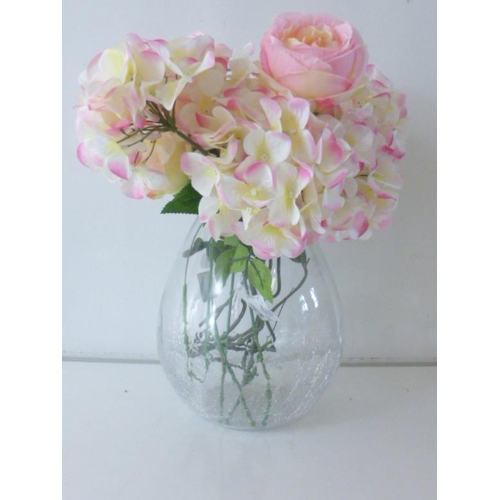 436 - Cracked Glass effect Vase with a Collection of Artificial Hydrangea Green Stem Flowers