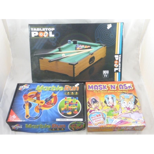 480 - Three Games Including Tabletop Pool, Marble Run and Mask N Ask