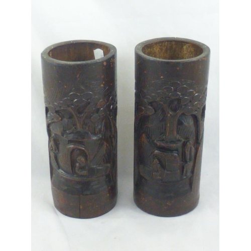 531 - Pair Of Oriental Hand Carved Wood vases (24cm)