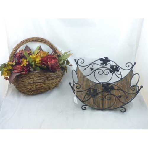 598 - Wrought Iron and Bamboo Log Holder together with Wall Hanging Flower Basket