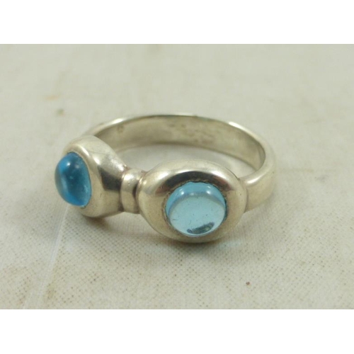 43 - Silver 925 Ring Decorated with two Aquamarine Beryl Stones (Size M)