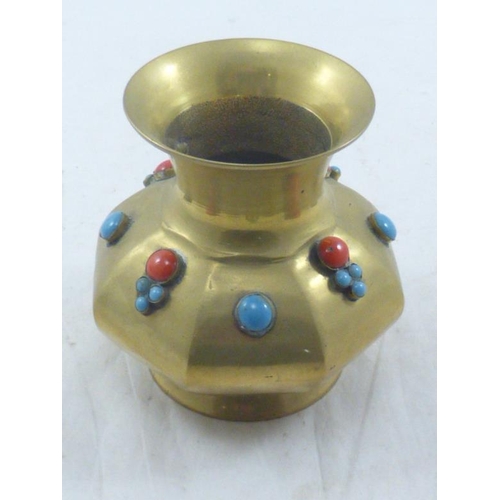 23 - Vintage Heavy Brass Vase with Coloured Stone Decoration (12cm)