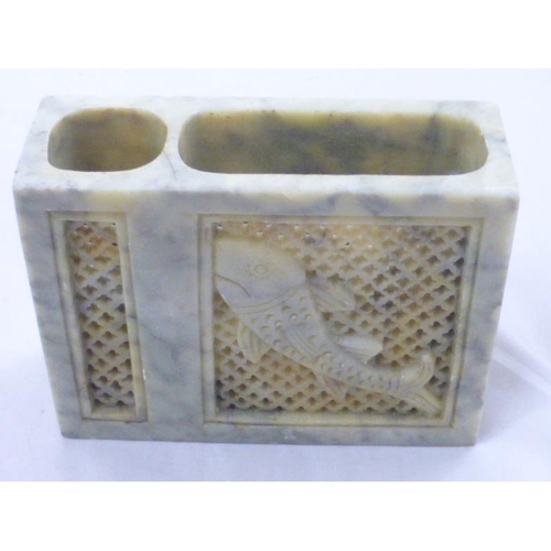 94 - Selection of Hand Carved Onyx Including Two Trinket Boxes, Pen Holder and Incense Holdetr