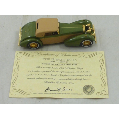 107 - Matchbox Collectables Limited Edition 1938 Hispano-Suiza Die-Cast Scale Model complete with Certific... 