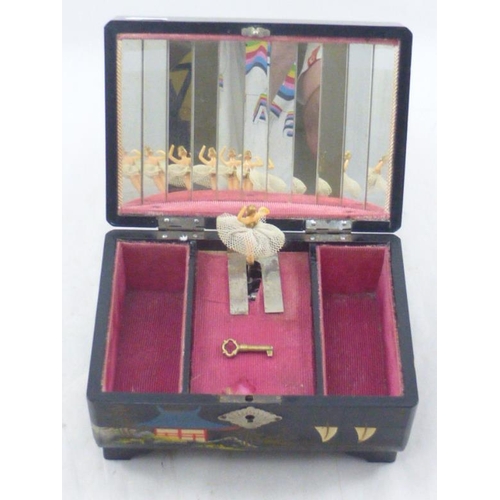 159 - Vintage Japanese Hand Painted Lacquered & Inlaid With Mother of Pearl Musical Jewellery Box Complete... 