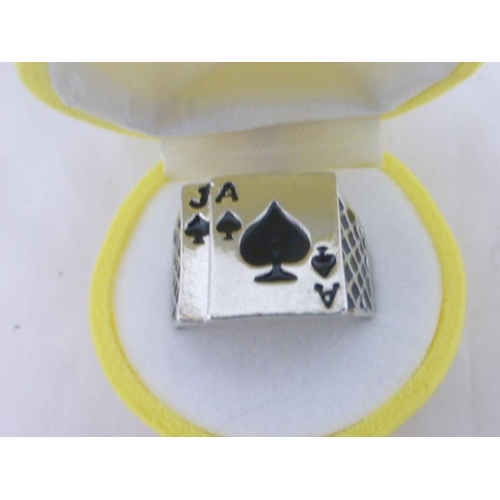 58 - Silver tone gents ring with Novelty ring box