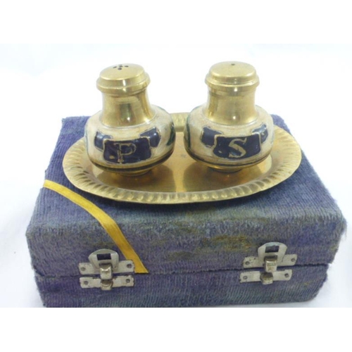 303 - Brass Salt and Pepper set with Tray and Case