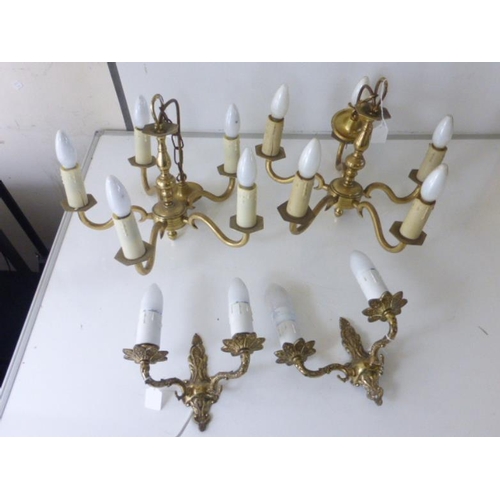 286 - Matching Pair of 5 Lamp Polished Brass Chandeliers complete with Lamp's and two 2 Lamp Wall Lights i... 