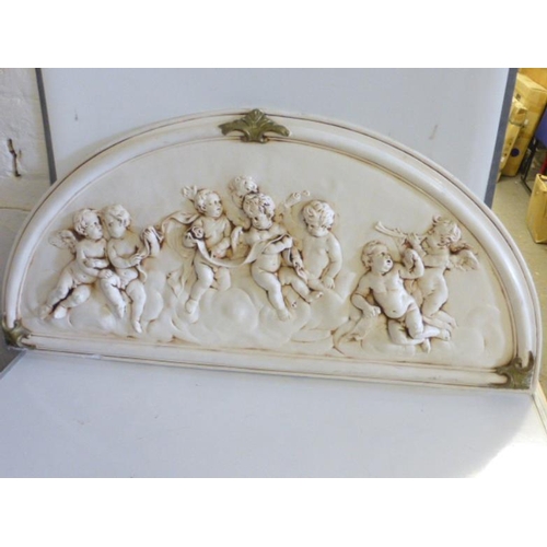 259 - Large Half Moon Chalkware Plaque depicting Cherubs with Gilt Decoration (124cm x 60cm)