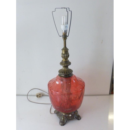 61 - Antique Brass and Cranberry Glass Converted Oil Lamp (82cm)